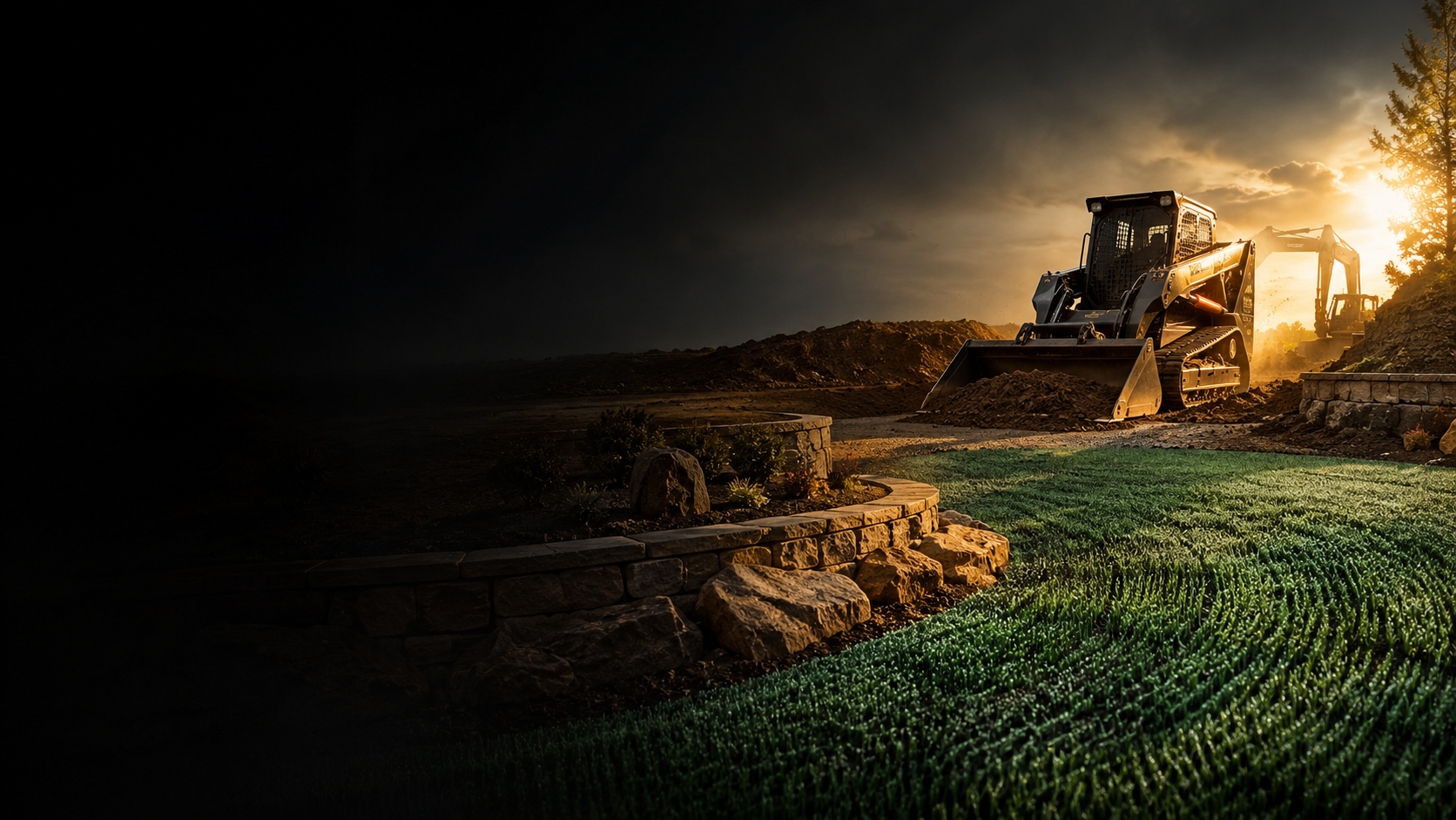Cinematic skid steer and excavator beside a finished lawn and stonework at golden hour